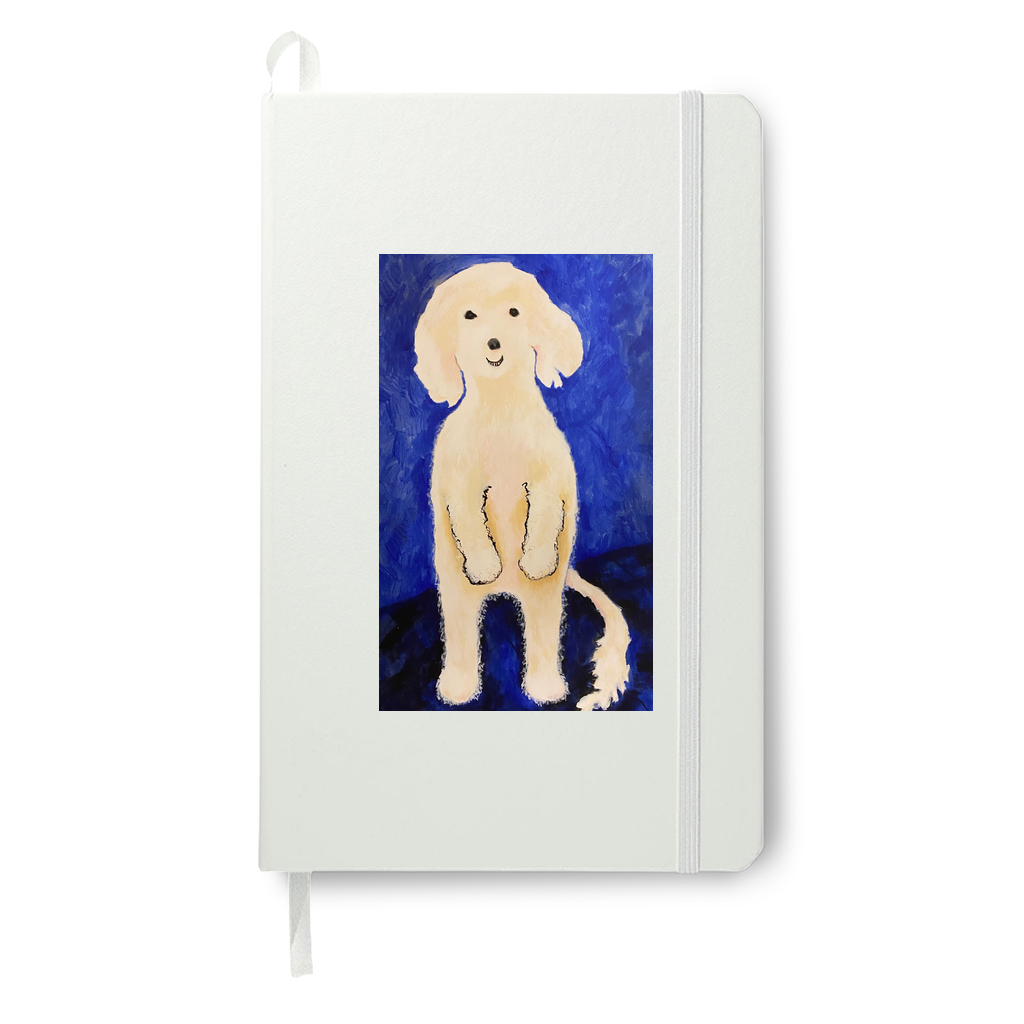 Ollie Stands Up Journal mockup of on a white journal. Here the bright blue background of the image really stands out.