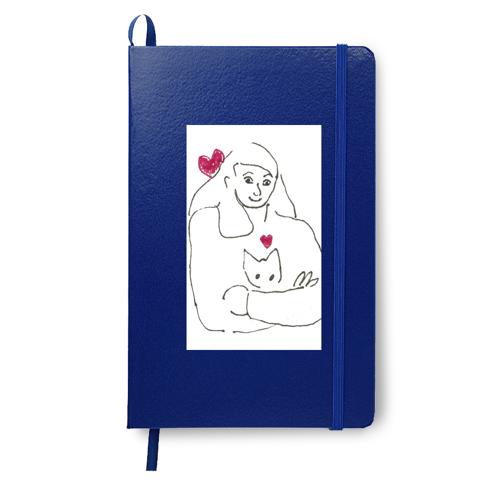 Armful Of Love journal featuring a heartfelt drawing of a figure holding a cat in her arms, reproduced from an original ink drawing by Janet Lee Chauncey. Journal by Chauncey Art Collective