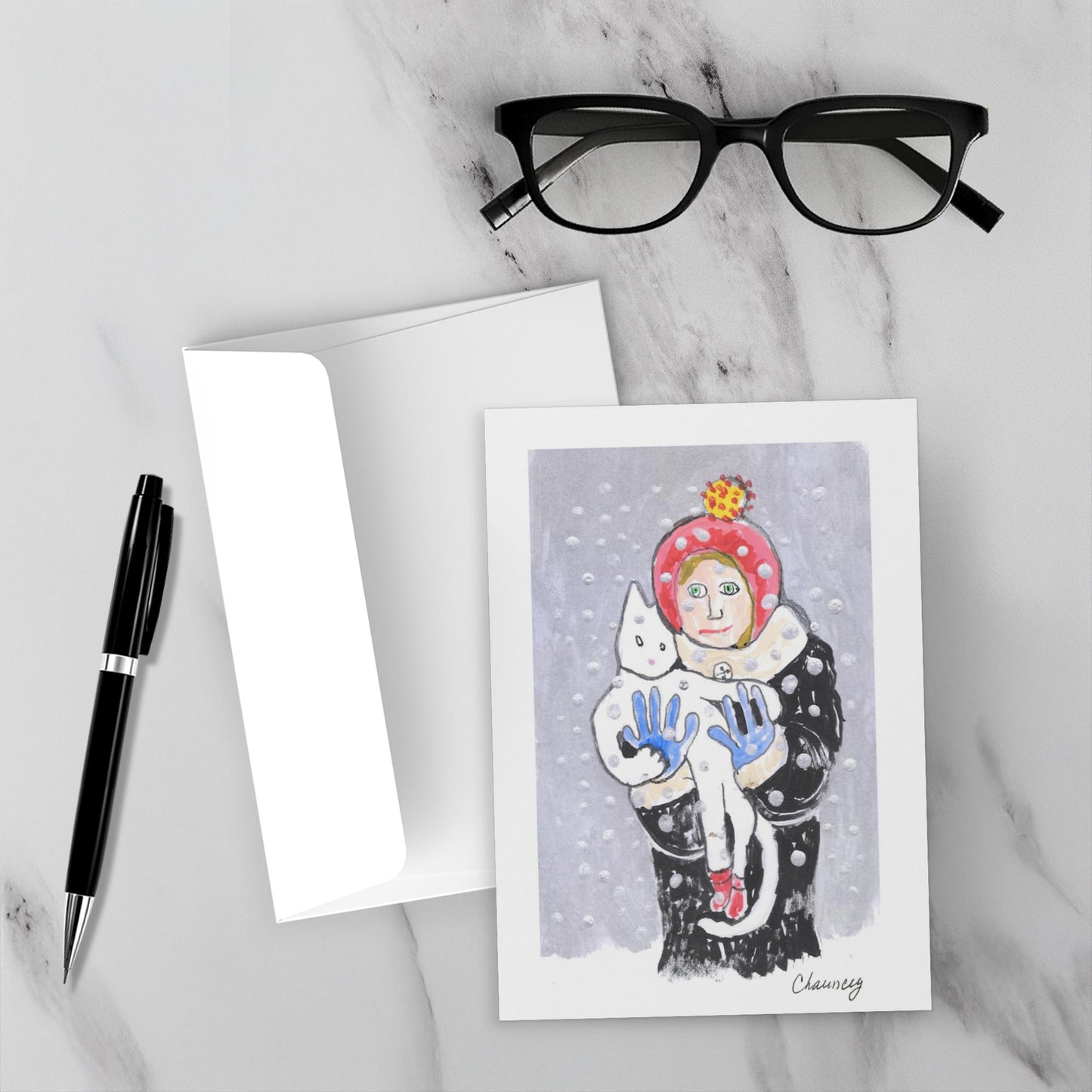 Front of January Outing greeting card with envelope from Chauncey Art Collective. Original artwork by Janet Lee Chauncey