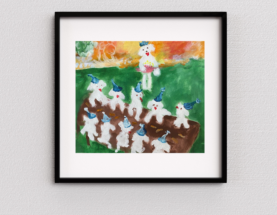Birthday Picnic art print is in a matted black frame. The exuberant Maltese dogs sit at a picnic table as the pink cake is being walked to the table.