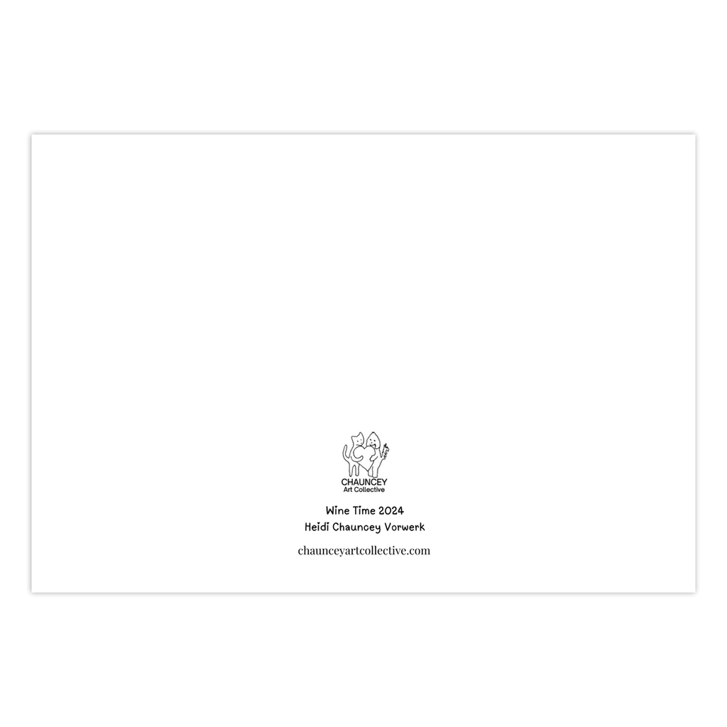 The backside of the notecard showing the title Wine Time and the Chauncey Art Collective logo.