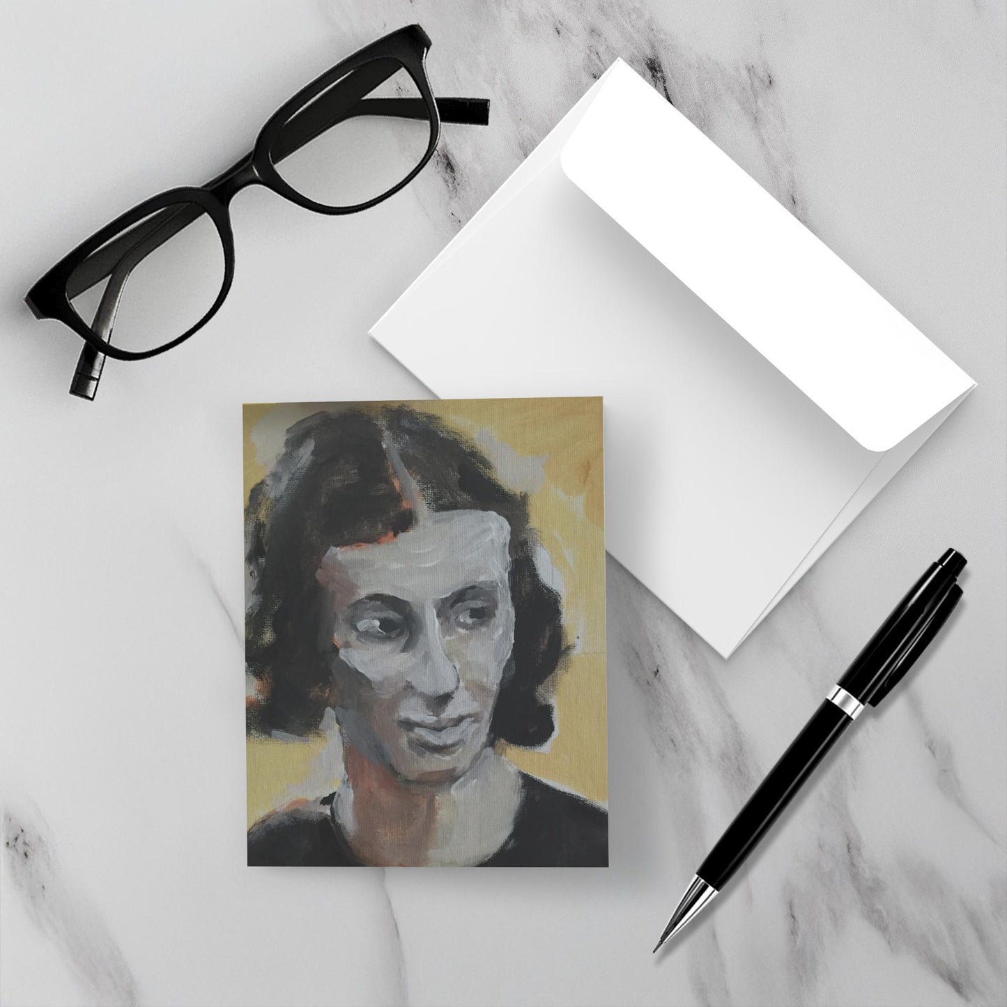 Mockup of Paint Night Study Of A Girl on a white marble backdrop.