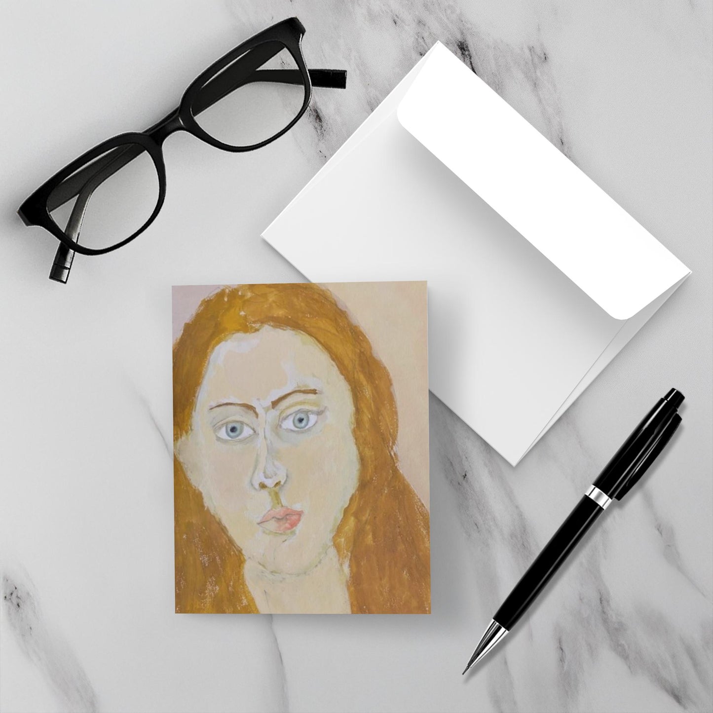 Portrait Girl simply glows on the white marble backdrop of this mockup. She is accompanied by the envelope, a pen and reading glasses.