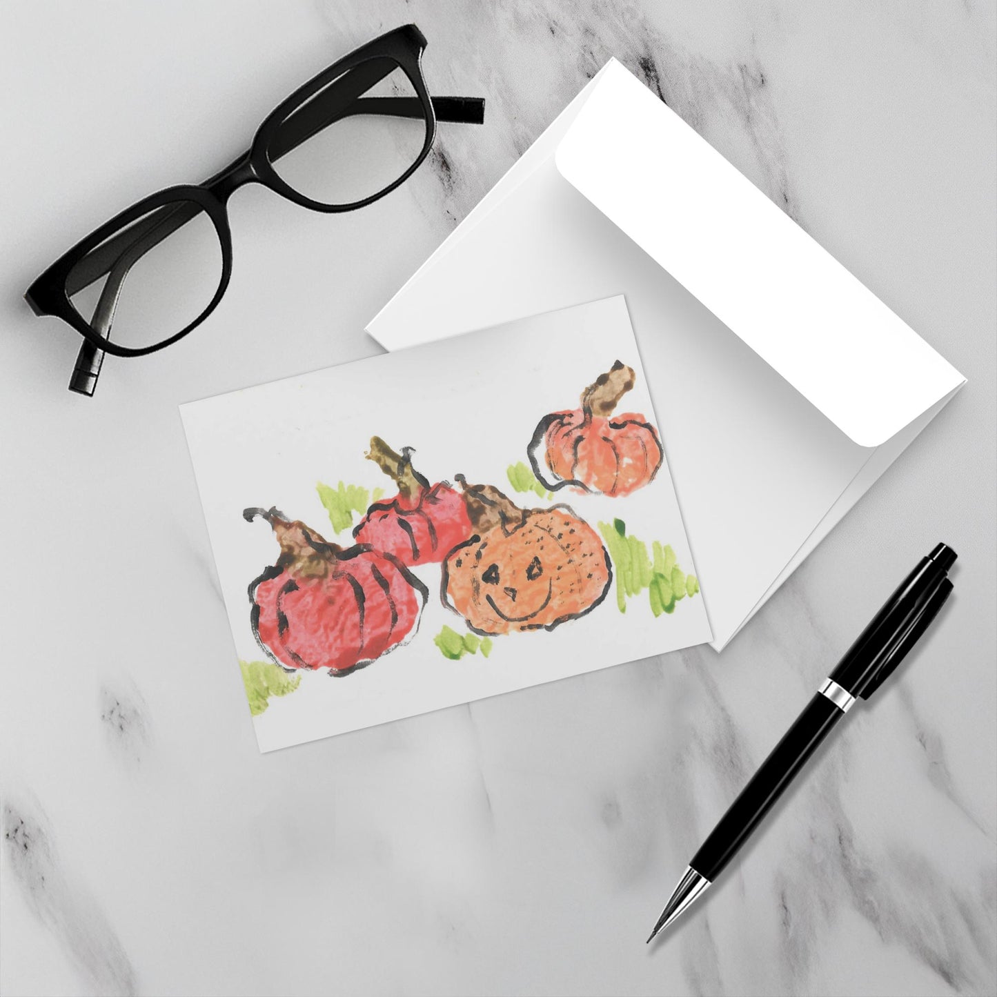 Mock up of the card and envelope, Pick Me Pumpkin in the Pumpkin Patch by Janet Lee Chauncey. Card was made by Chauncey Art Collective.