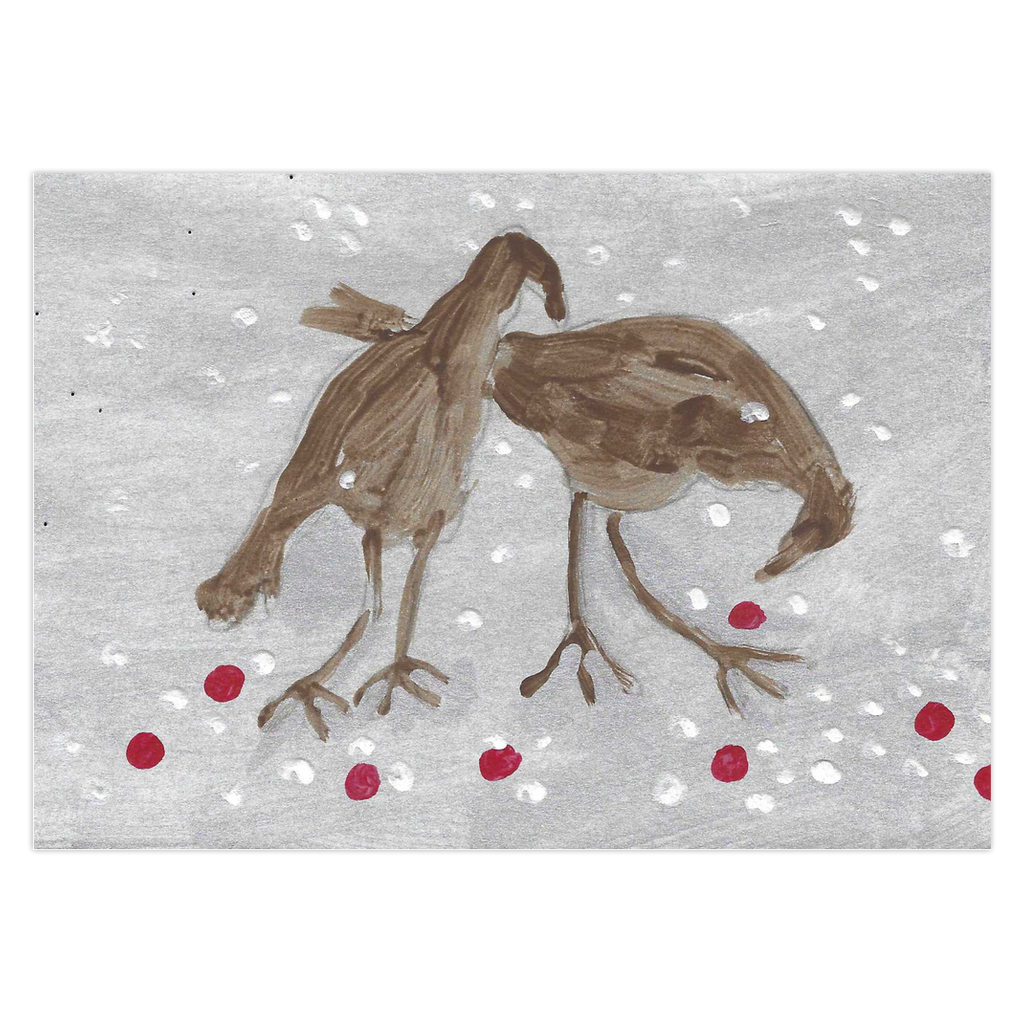 Charming Christmas card from Chauncey Art Collective with Janet Lee Chauncey's Birdie Treats artwork, showing turkeys enjoying holiday berries.