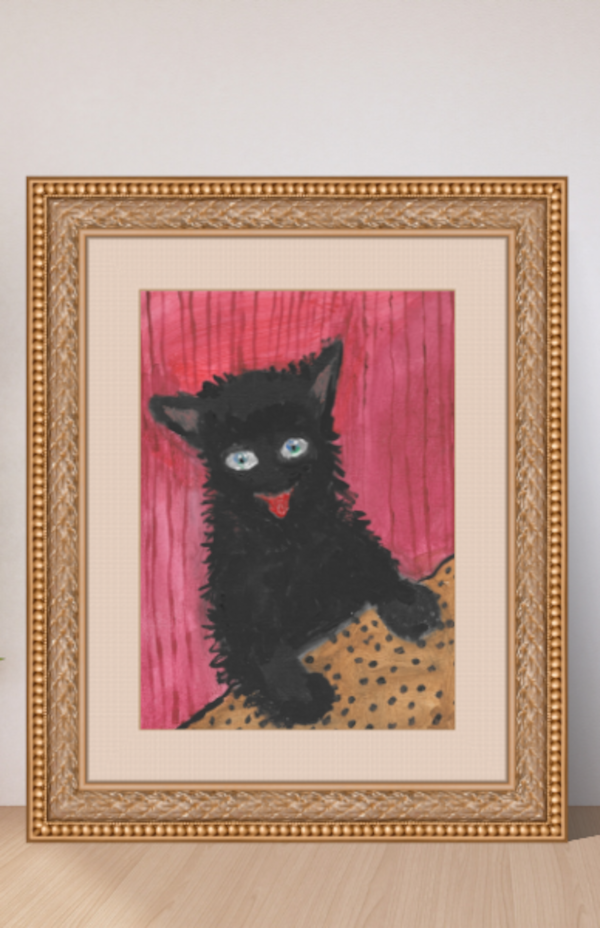 Happy Cat does indeed look content in his gold frame. The red/burgundy background perfectly compliments the black cat in this print.