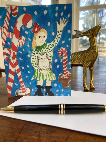 Candyland xmas card shown standing upright with its envelope.