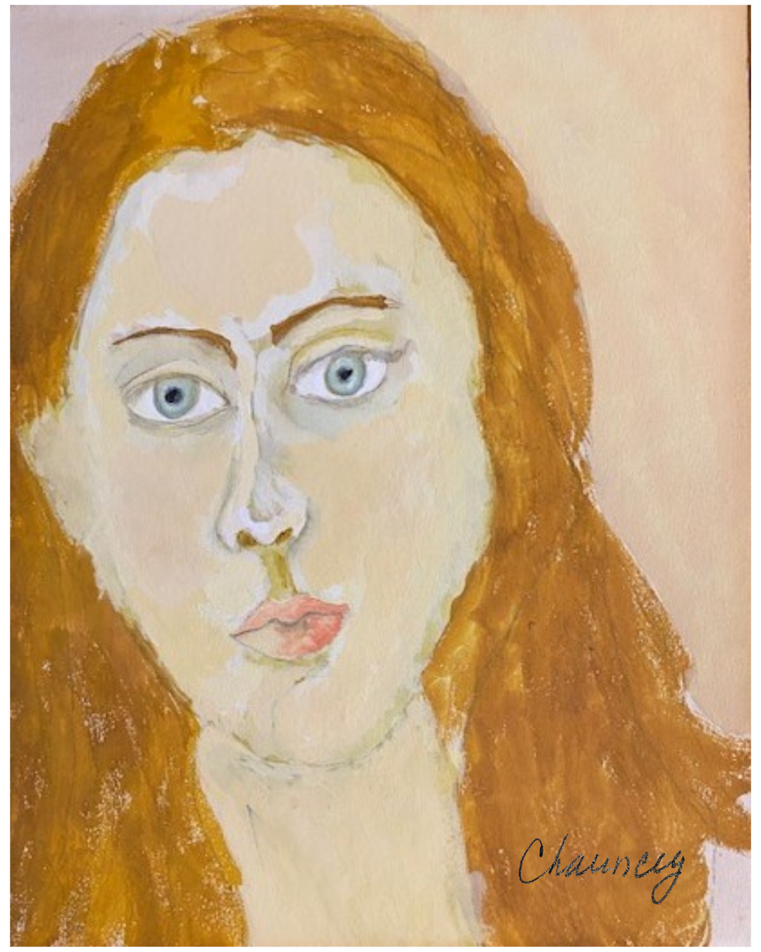 Portrait Girl has piercing blue eyes, pale complexion and coral lips. Her hair is a golden auburn. Her look is intense yet thoughtful.