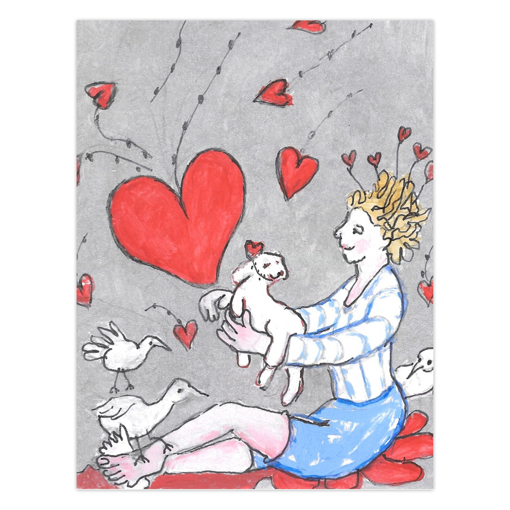Just For You greeting card depicting happy friends (girl, dogs and birds) reunited, expressing love and joy, reproduced from an original acrylic painting by Janet Lee Chauncey. Front of card by Chauncey Art Collective.