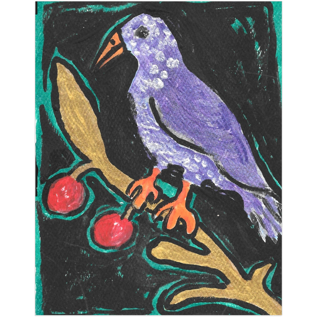 Birdie On A Twig art print featuring a vibrant, colorful bird silhouetted on a branch against a night sky, reproduced from an acrylic painting by Janet Lee Chauncey. Art print by Chauncey Art Collective.
