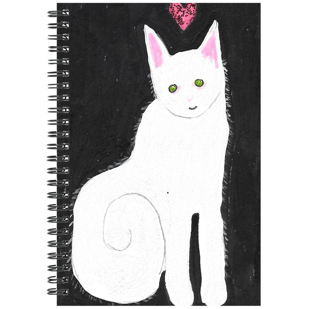 Love and Kisses Caspar spiral notebook by Janet Lee Chauncey for Chauncey Art Collective, featuring an adorable white cat on the cover