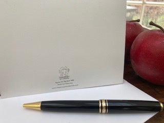 Mock up of the back of the card next to two red apples, the envelope and a black pen.