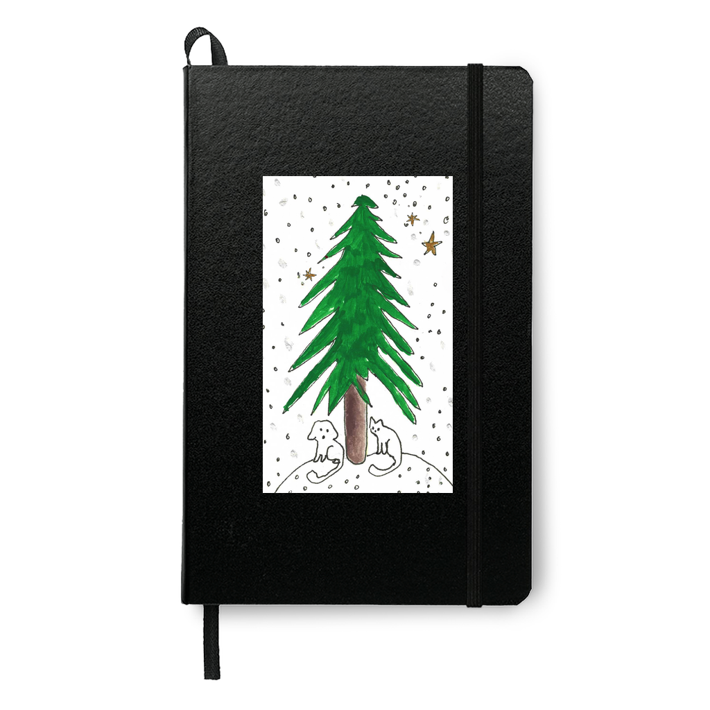 Under The Tree printed on a black journal. The black of the journal really highlights the little white dog and cat that are sitting under a large pine tree. The white sky is filled with gold stars.