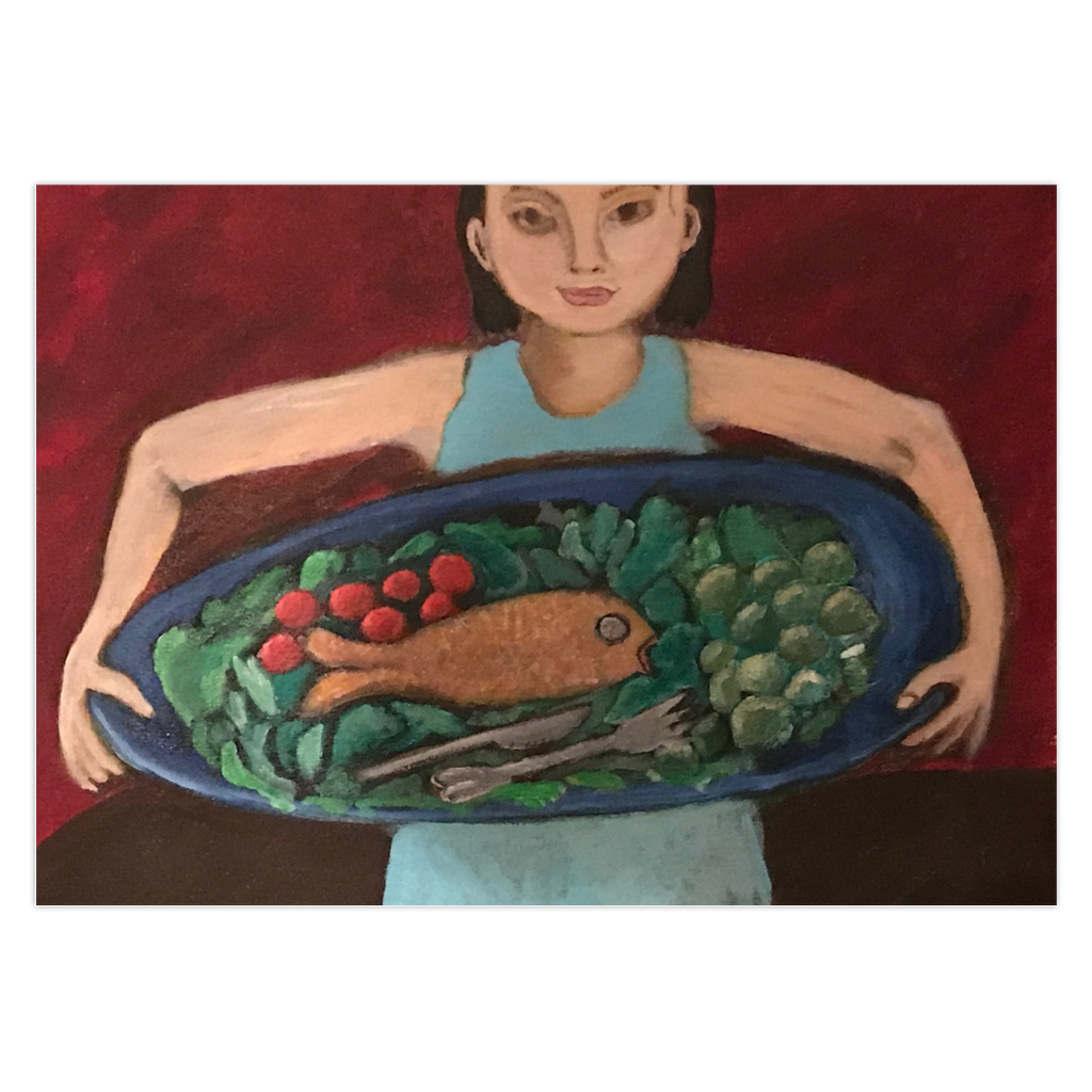 A burgundy background pushes the girl carrying a blue platter of green vegetables and fish forward in this greeting card of Fish Platter just for you. The platter has a splatter of red radishes next to the tan colored fish.
