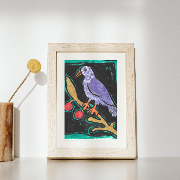 The print Birdie On A Twig sits in a matted white washed wood frame that highlights the colorful purple bird on a brown twig with 2 red berries. The background is black with green highlights.