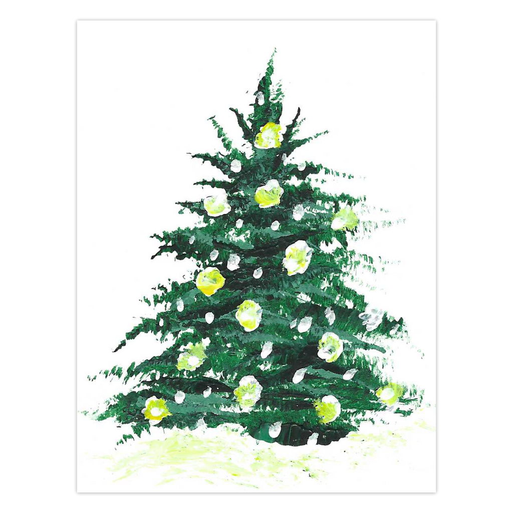 Outdoor Lights greeting card shows a beautiful holiday tree decorated with glowing yellow lights and sprinkled with snowflakes. Art by Heidi Chauncey Vorwerk. Greeting Card by Chauncey Art Collective.