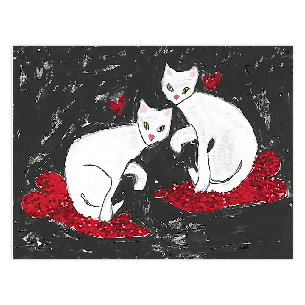 Front of Valentines greeting card that shows two painted white cats sitting sideways toward each other with one paw raised and heads turned facing straight ahead. They are each perched on sparkly red hearts, almost like lily pads, that are seemingly floating in a black background with smudges of white. A small red heart is beside cat's head. The title of this folded card is Cats On Hearts.