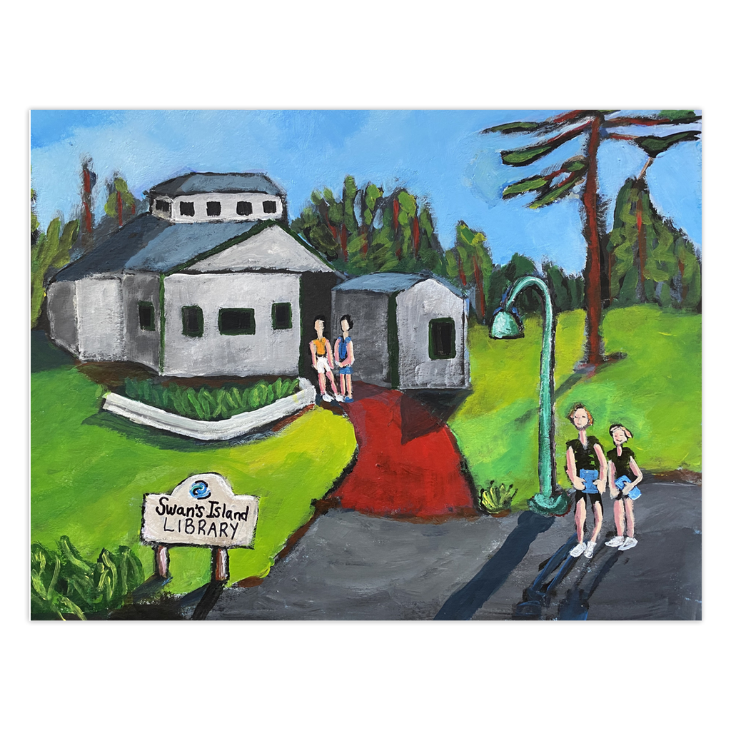 Island Chapters greeting card by Gretchen Chauncey. A darling rendering of the grey Swan's Island Library with patrons coming and going. Stationery cards by Chauncey Art Collective.