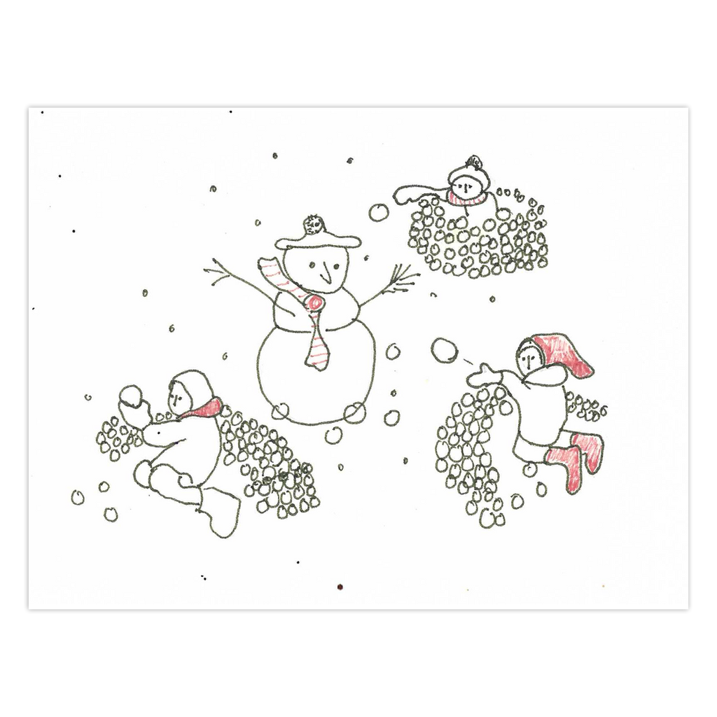 Front of a greeting card of a pen and ink drawing of a snowman with stick branch arms and a tam and scarf in the center surrounded by three children in snow forts made of snowballs drawn by black circles. The children are pelting the snowman with snowballs from behind their snow fortress walls. The card is black and white except for red boots on one child, red scarves on two children and the snowman and a red hat on one of the children. The title of the card is Snowball Fight With A Snowman.