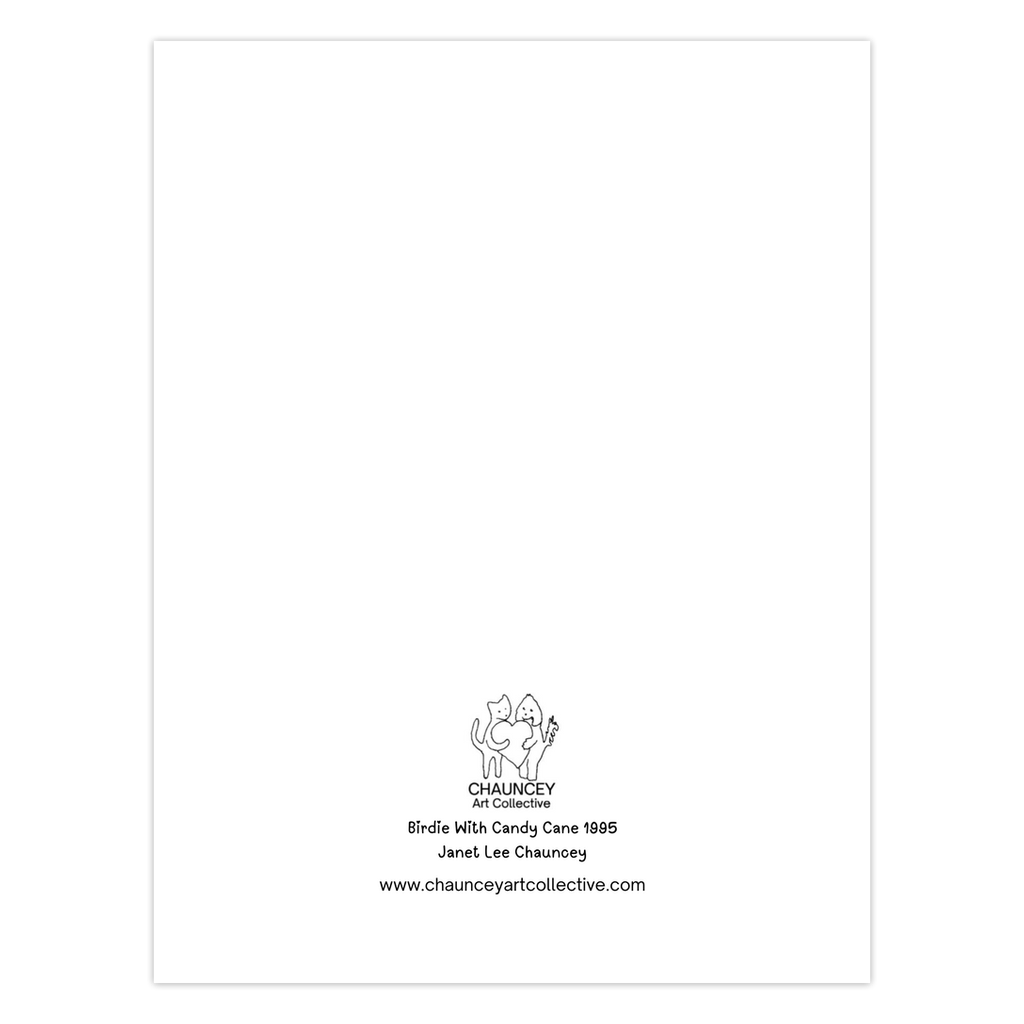 Back of the Christmas greeting card which shows the Chauncey Art Collective Logo of cat and dog standing holding a heart between them with the card title below Birdie With Candy Cane centered at the bottom of the page.