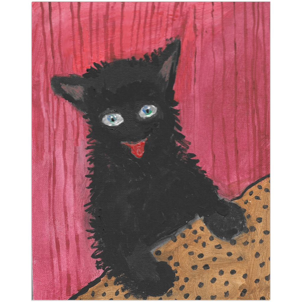 Happy Cat art print featuring a cheerful cat face, reproduced from an original acrylic painting by Janet Lee Chauncey. Art print by Chauncey Art Collective.