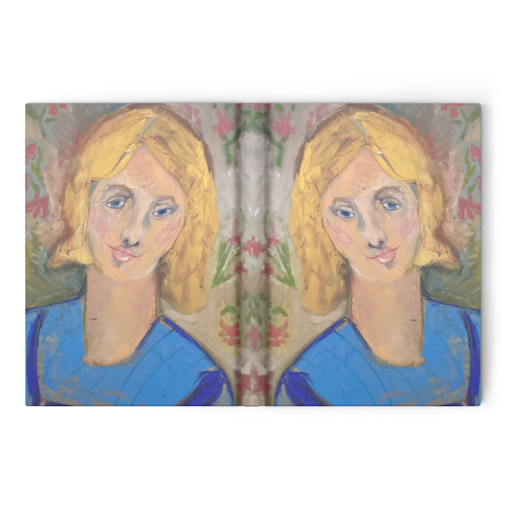 Journal with a mirror image on the front and back covers of a golden haired girl with a demure look. Art by Janet Lee Chauncey. Journal by Chauncey Art Collective.