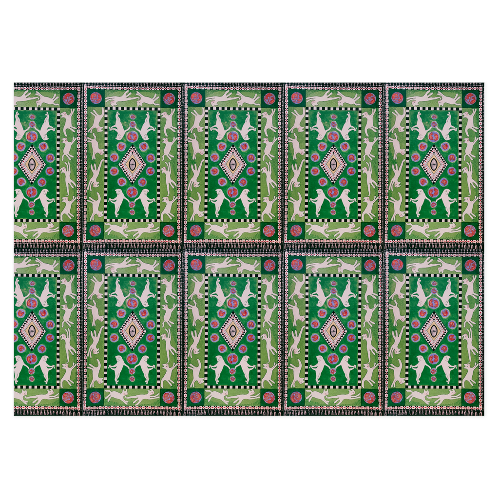 Presentation Cats gift wrap consists of a repeating pattern of frolicking white cats on a green background with pink and black highlights.