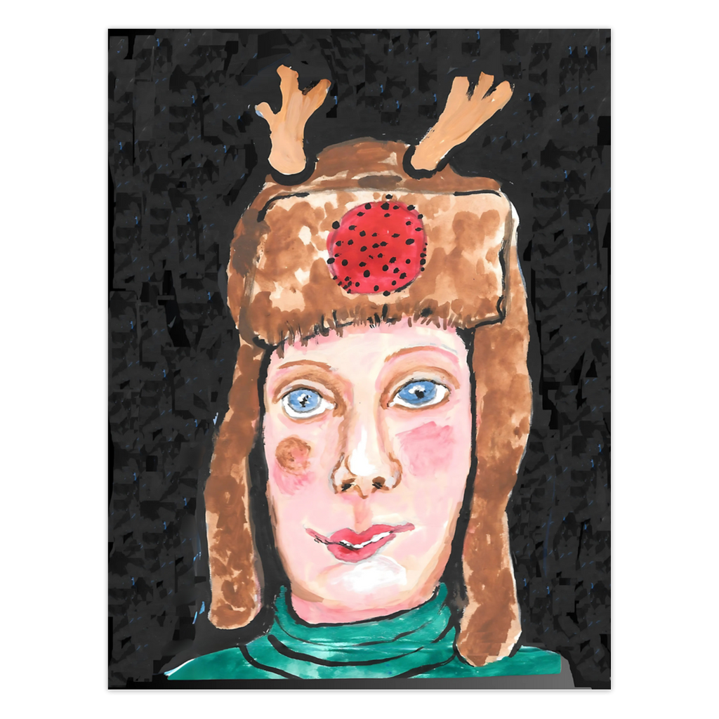 Front of portrait greeting card of a girl in a maine moose hat with earflaps and antlers on the top and a red pompom nose. The girl is shown to the shoulders gazing straight ahead with sparkling vivid blue eyes, a smile, and rosy cheeks. The background is a mottled black color. She is wearing a green and black striped turtleneck shirt. The title of this winter card is Girl From Maine.