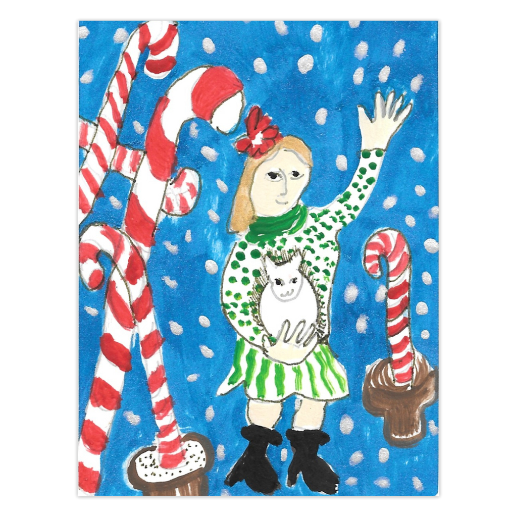 Candyland holiday greeting card by Janet Lee Chauncey for Chauncey Art Collective, featuring a girl thrilled to welcome company to her candy-decorated home.