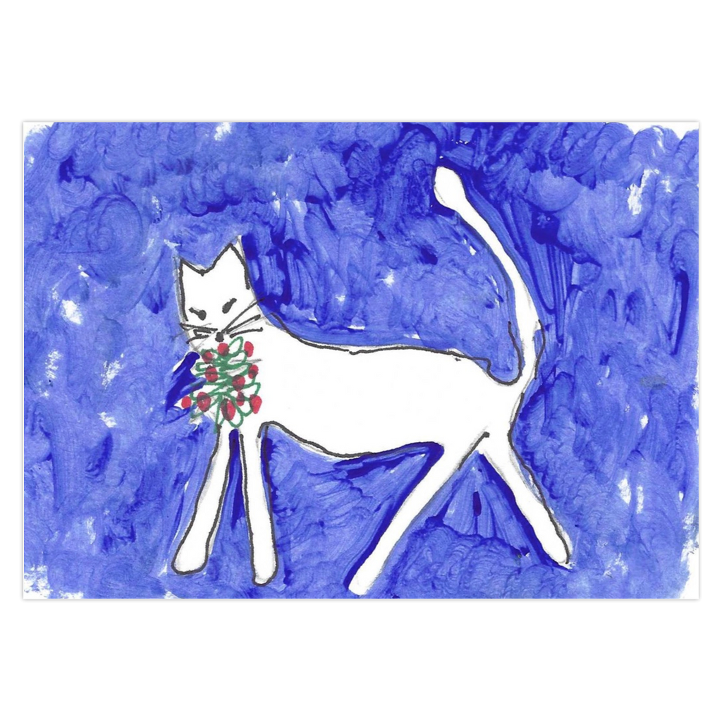 Front of artistic greeting card depicting a white cat walking toward the left with a bunch of red circles for flowers with green squiggles for leaves in his mouth. The background is swirls of cobalt blue with white showing through. The title of the greeting card is Caspar Brings A Gift by Janet Lee Chauncey.