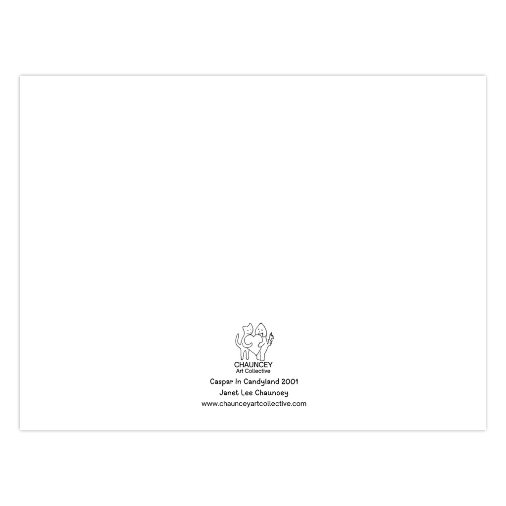 Back of the Christmas greeting card which shows the Chauncey Art Collective Logo of cat and dog standing holding a heart between them with the card title below Caspar In Candyland centered at the bottom of the page.