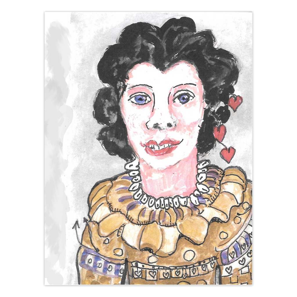 The Sweater greeting card is a portrait of a dark haired lady with a fair complexion and a toothy grin. Her hair is neatly coiffed with hearts adorning the right side. Her stylish sweater is intricate in its design and is gold and purple in color.