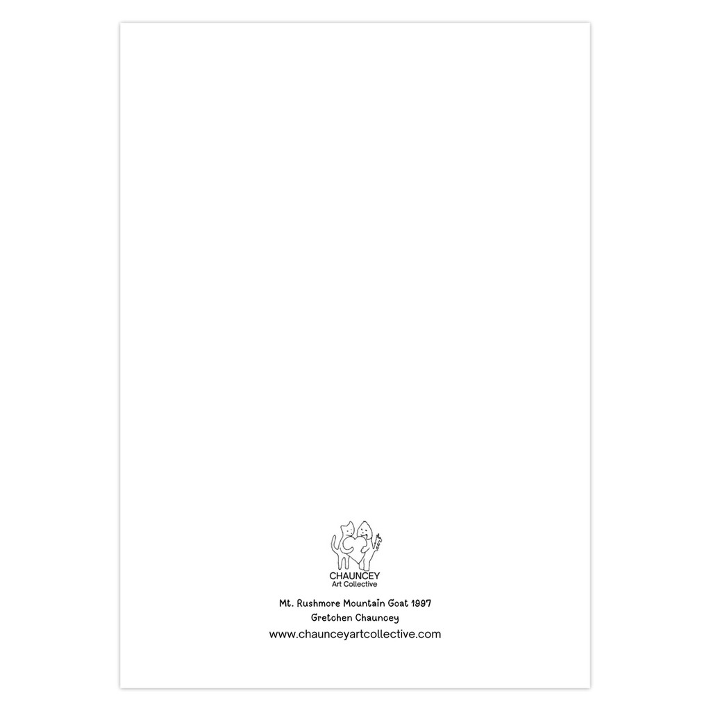 Back of the greeting card which shows the Chauncey Art Collective Logo of cat and dog standing holding a heart between them with the card title Mt. Rushmore Mountain Goat printed below centered at the bottom of the page.