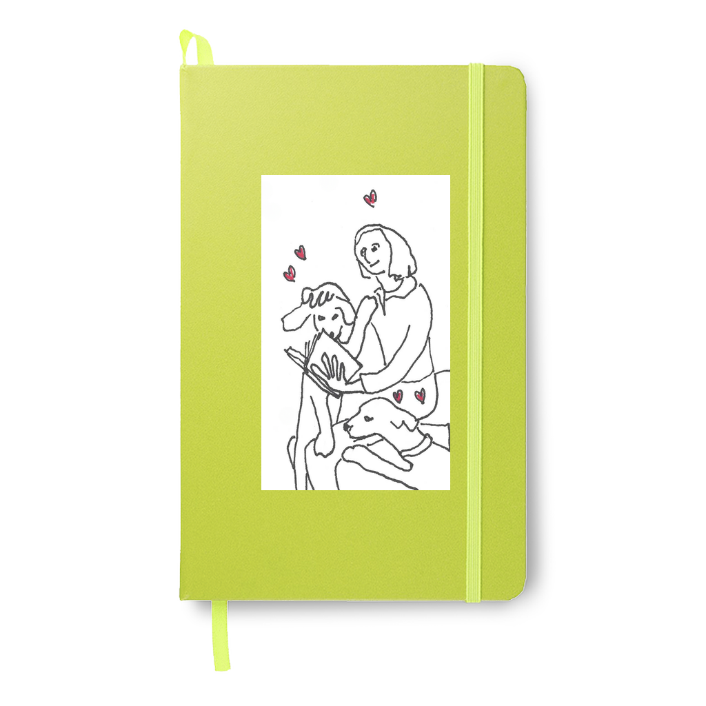 On Being Idolized journal featuring a girl reading to two dogs with hearts floating, reproduced from an original ink drawing by Janet Lee Chauncey. Journal by Chauncey Art Collective.