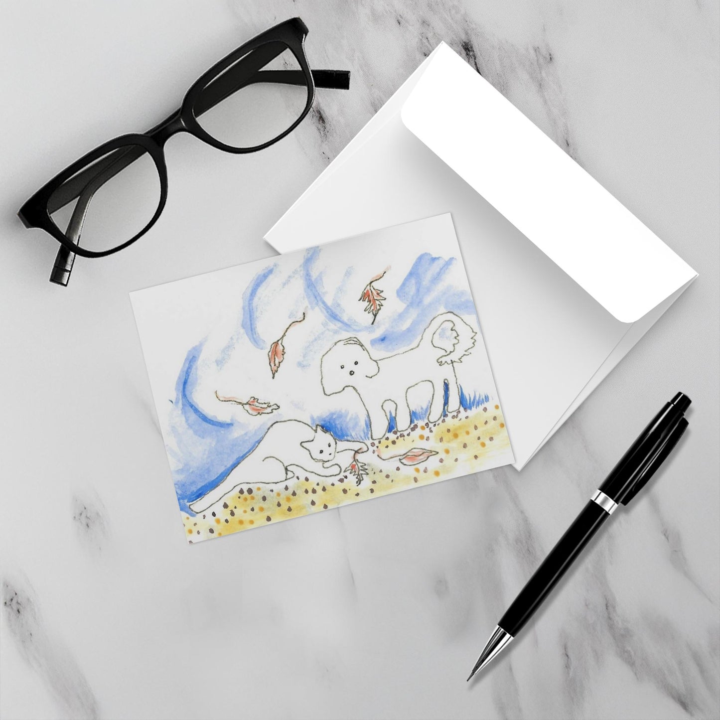 Mockup of Falling leaves greeting card on a white marble background with black rimmed reading glasses and a black pen.