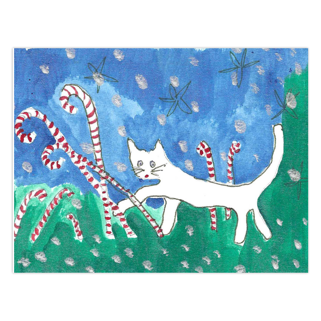 Caspar In Candyland holiday greeting card by Janet Lee Chauncey for Chauncey Art Collective, featuring a cute cat in a magical candy cane forest.