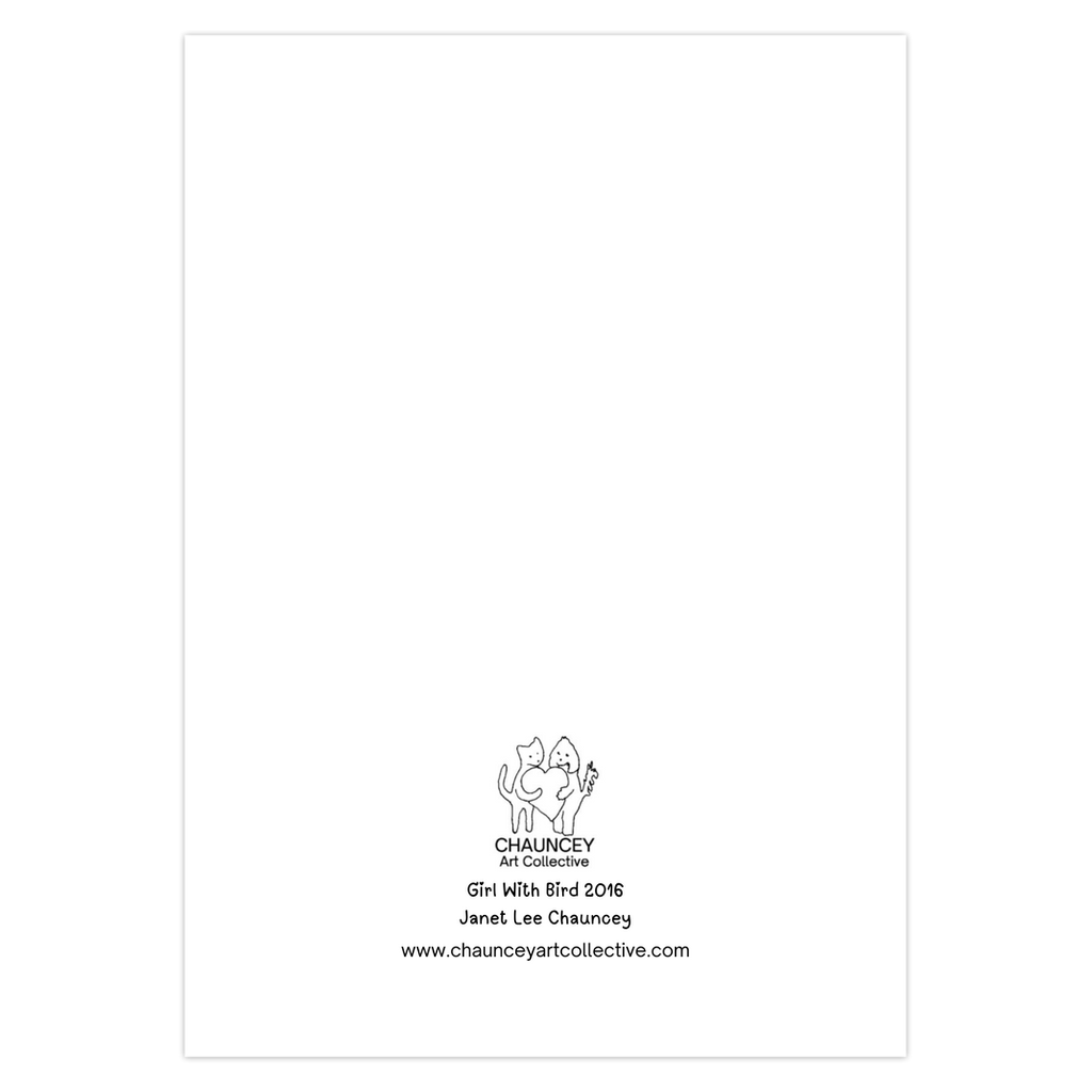 The back of the card shows the title Girl With Bird and the Chauncey Art Collective logo.
