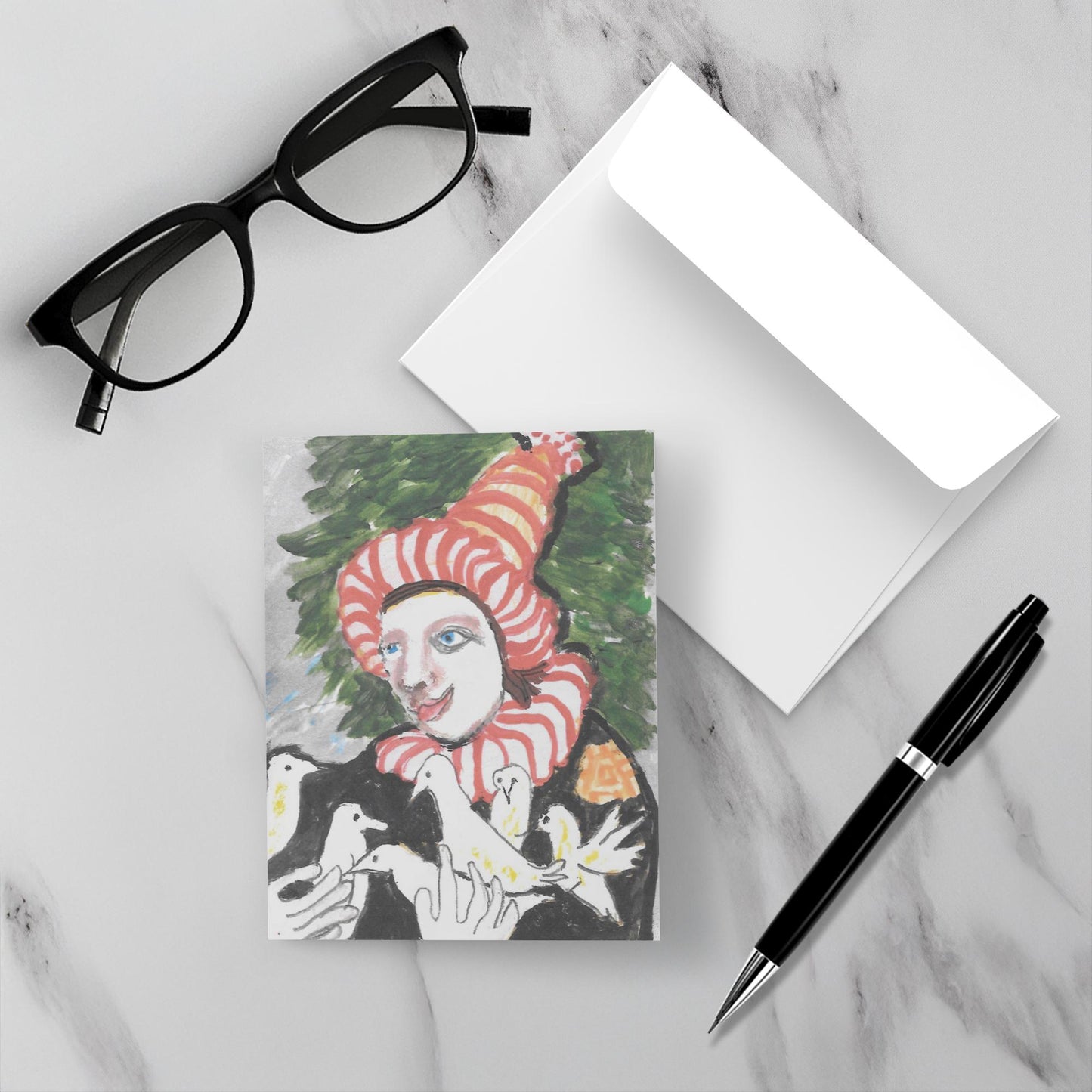 The Front of Gathering Of Wonders adorable Christmas card is shown with its envelope on a white marble surface.