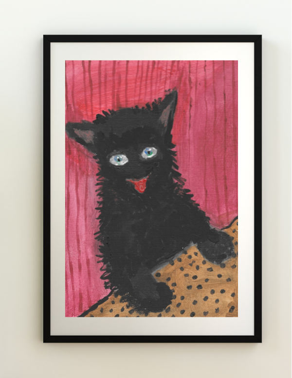 This happy cat is making a statement from his matted black frame. The deep red/burgundy background of the art print compliments the furry black cat and his happy expression