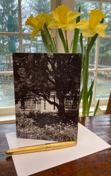 Mock up of Home Sweet Home greeting card on a table with daffodils, an envelope and a gold pen.