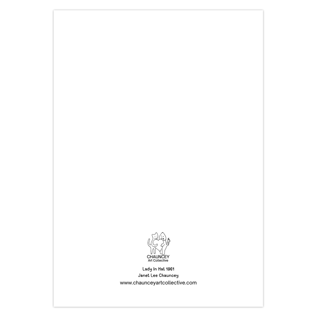 This mock up shows the back of the greeting card with the logo of Chauncey Art Collective and the title of the card, Lady In Hat.