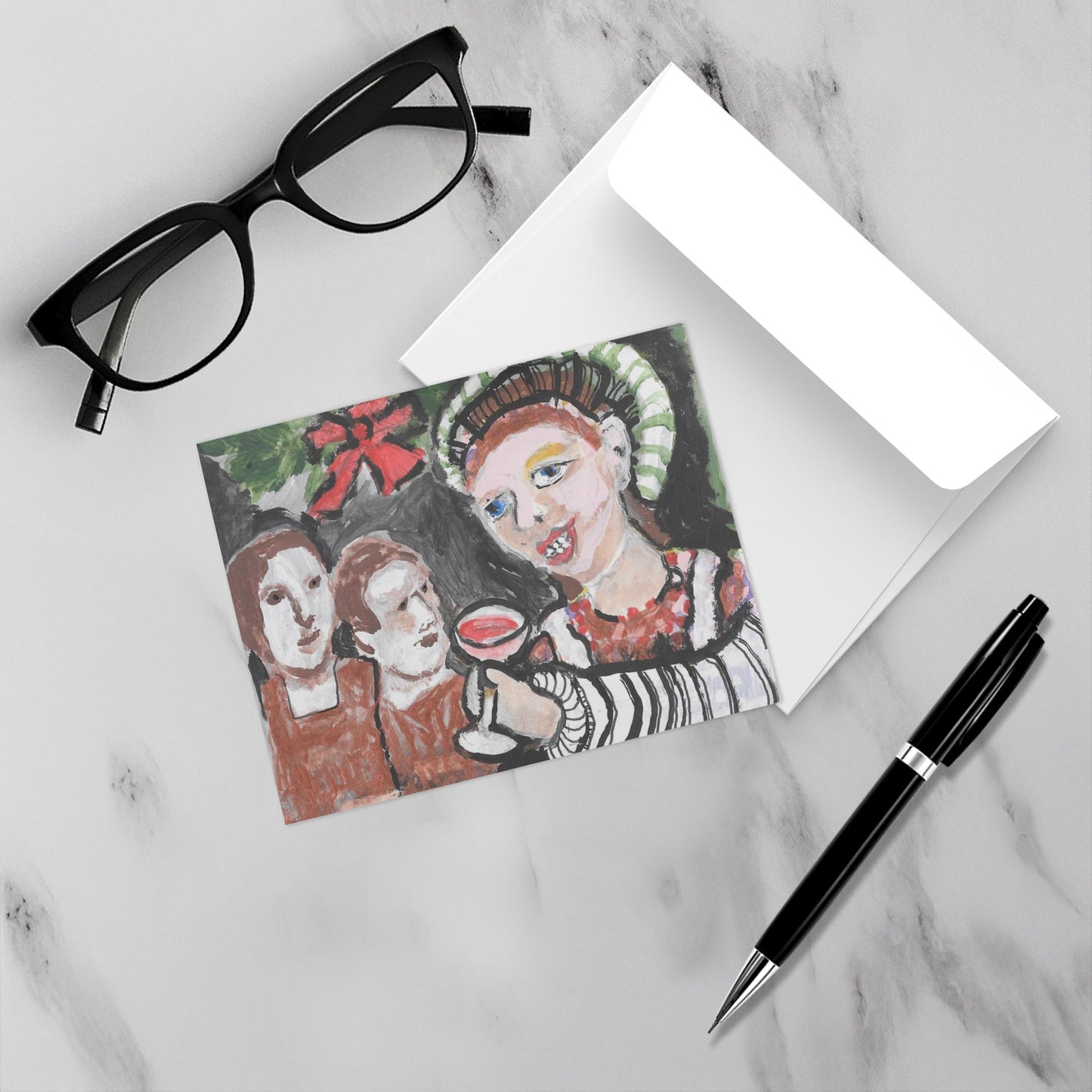 A mock up of the colorful greeting card with its envelope resting on a white marble surface.