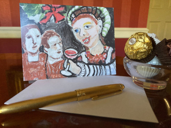 A mock up of the front of the card with a colorful woman raising a glass.