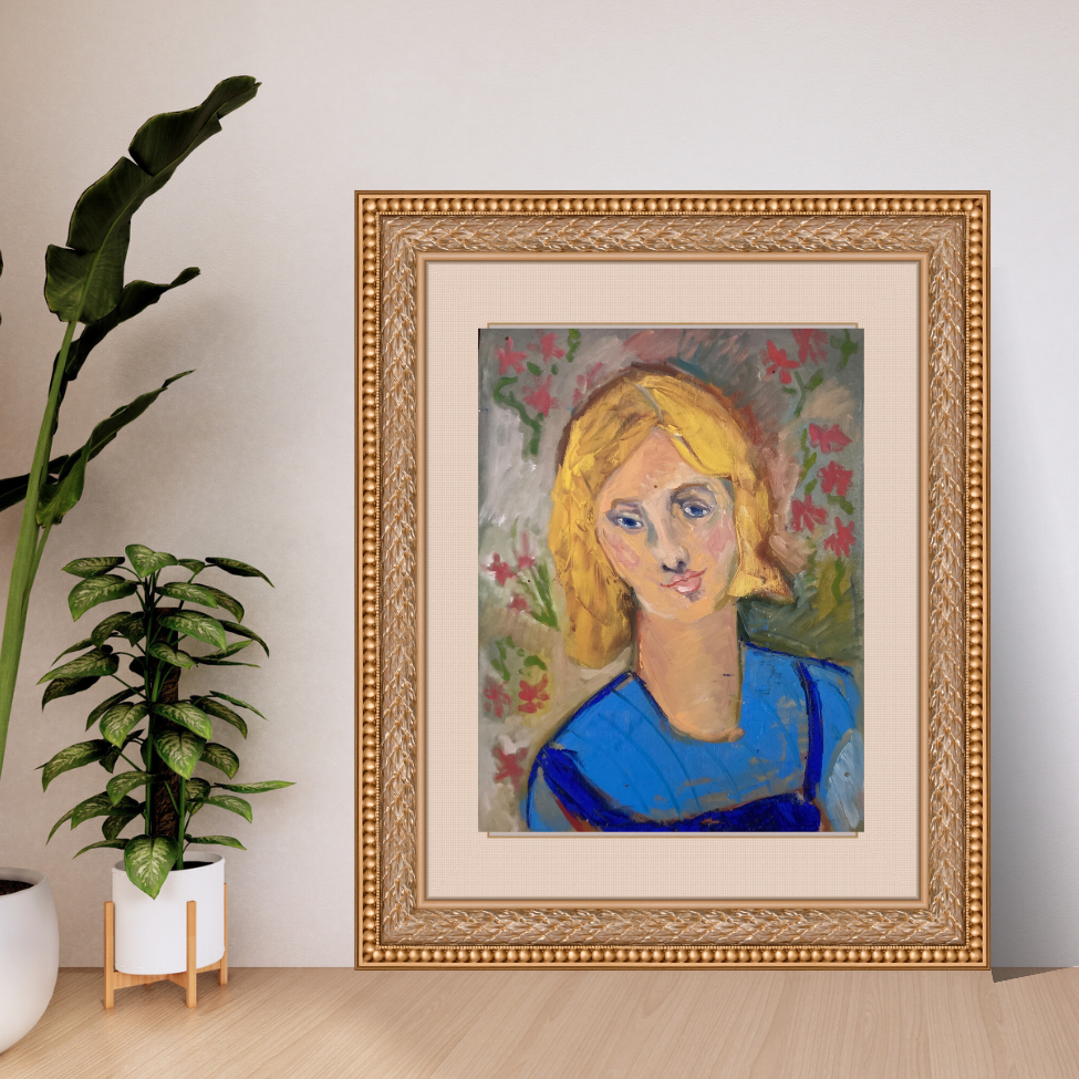 Art print of Yellow Haired Girl shows her sweet expression. Wearing a blue dress her hair glows against the background of red floral and green stems wallpaper.