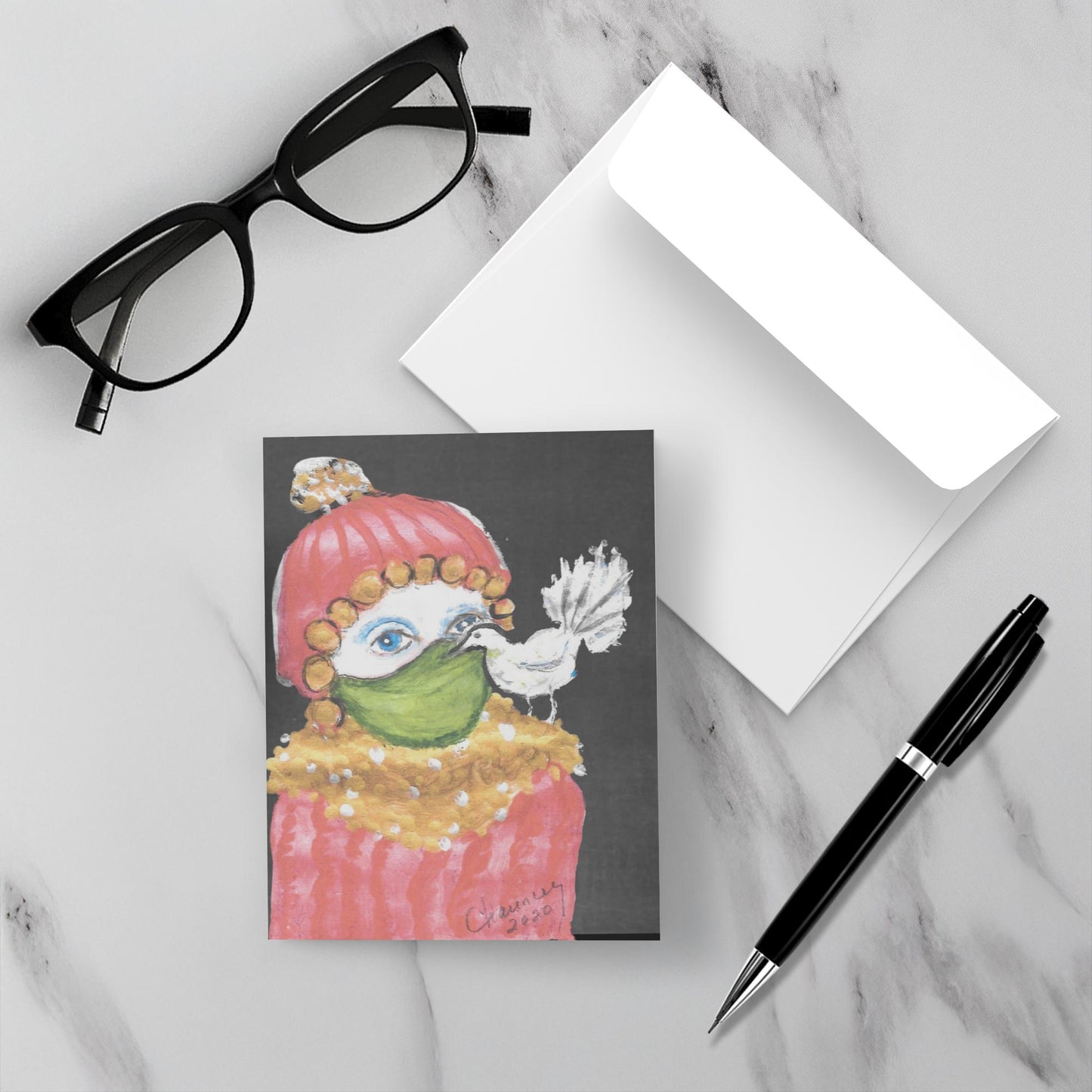 Note card with a colorful illustration of a character wearing a face mask, glasses, and a pen on a marble surface.