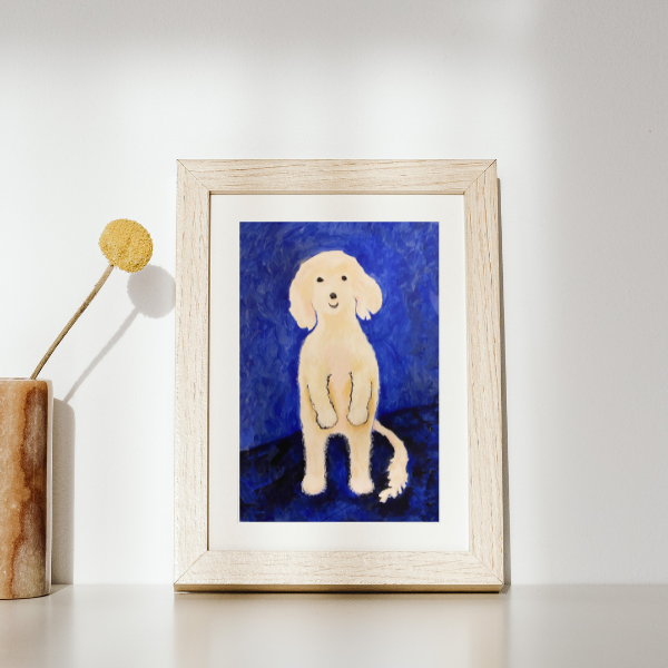 Ollie Stands Up art print is framed and shows the smiling Maltese dog standing on his hind legs with a bright blue background.
