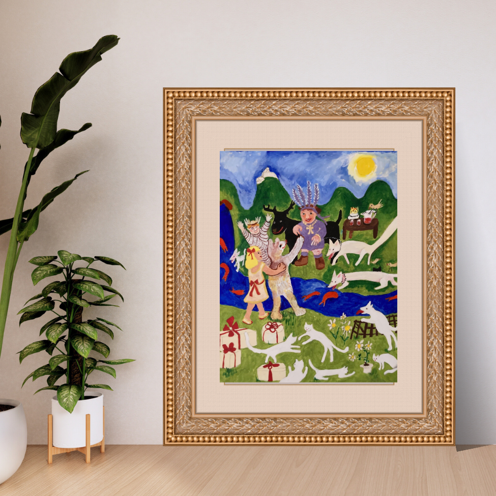 This colorful art print of Party Time shows joyous animals and people greeting each other by the river for a party. It is shown in a matted frame.