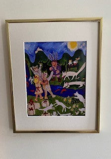 Party Time art print is in a matted gold frame hanging on a white wall.