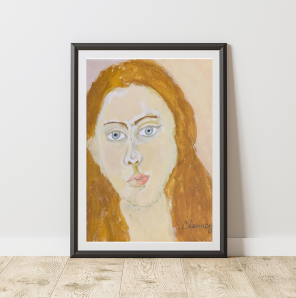 Here Portrait Girl sits in a black frame with a white matte Her intense blue eyes against her pale complexion make her gaze all the more interesting.