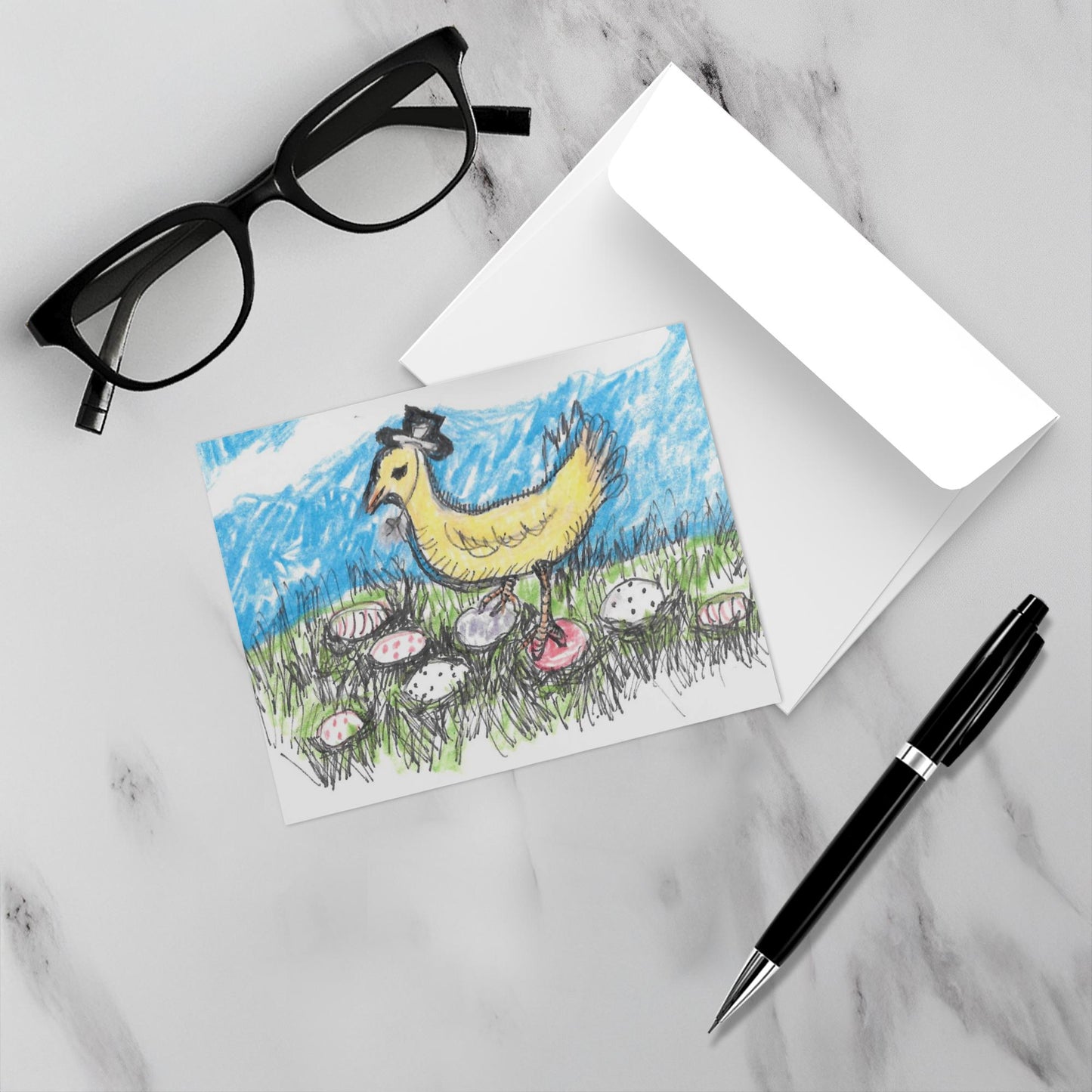 Mockup display showcasing the front of the greeting card Prissy Egg Walk lying on a gray marble surface along side a white envelope, a pair of black reading glasses and a black pen.